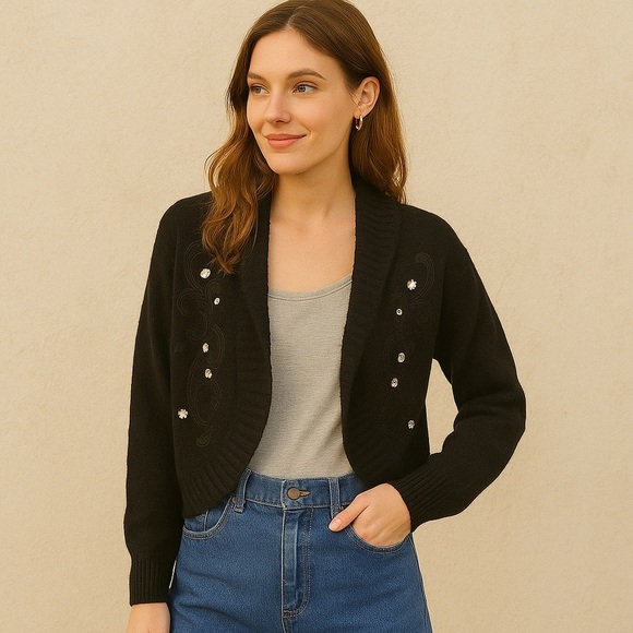 Vintage 80s Mohair Embellished Black Knit Cardigan S - Picture 3 of 12